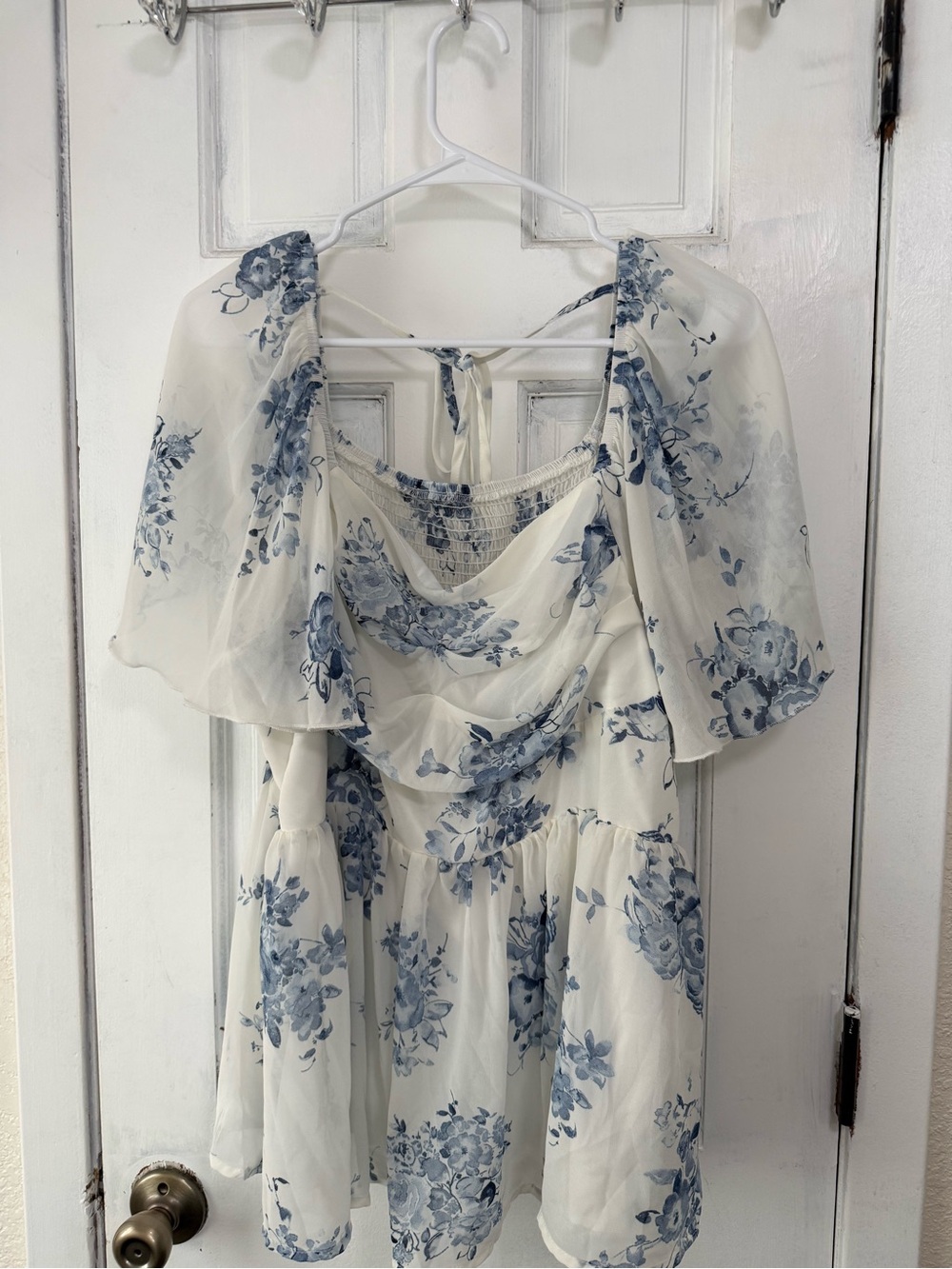 Ivory Floral Ruffle Blouse with Blue Print